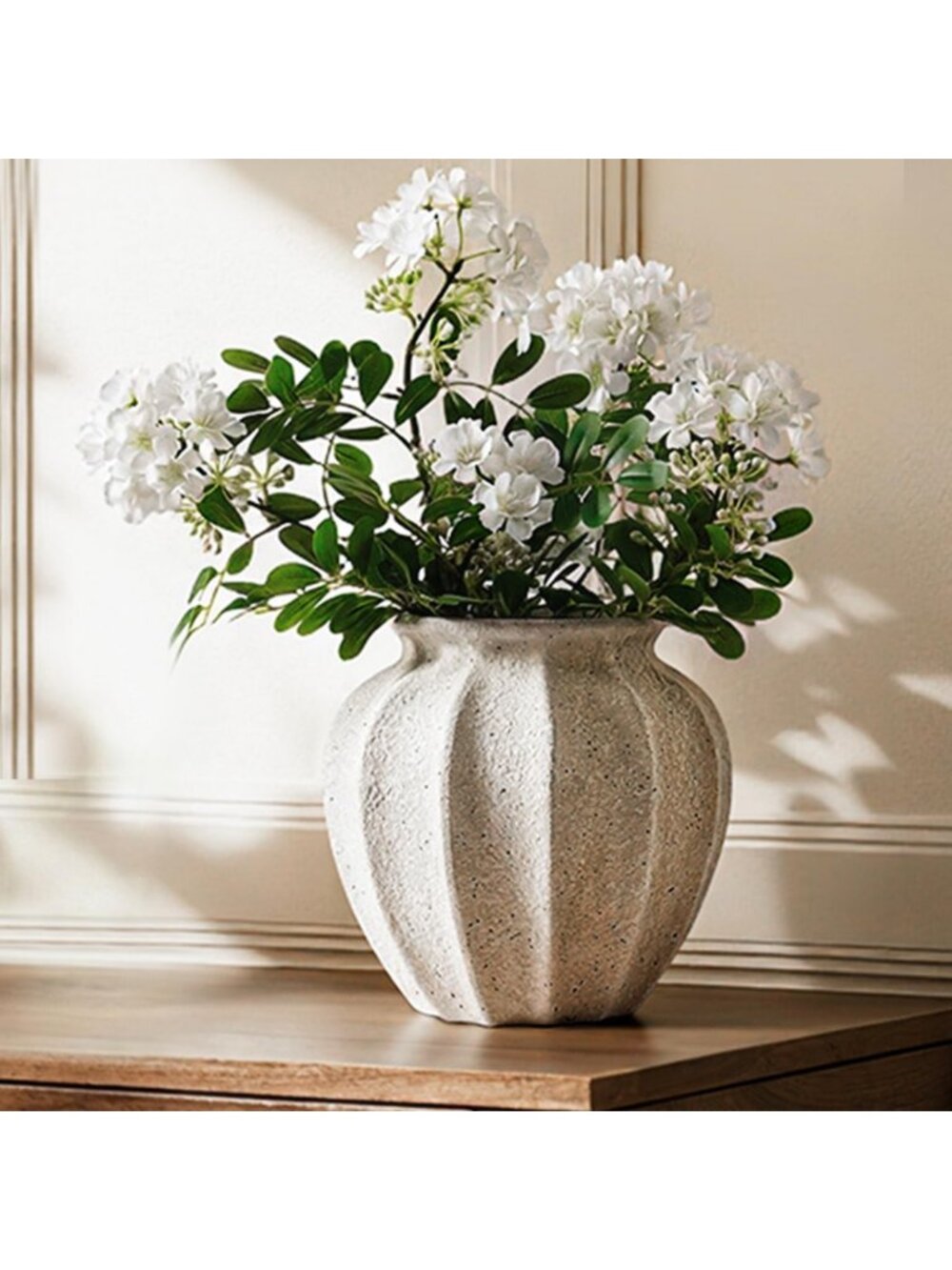 Textured White Ceramic Flower Vase, 9.3-Inch Rustic Home Decor Accent